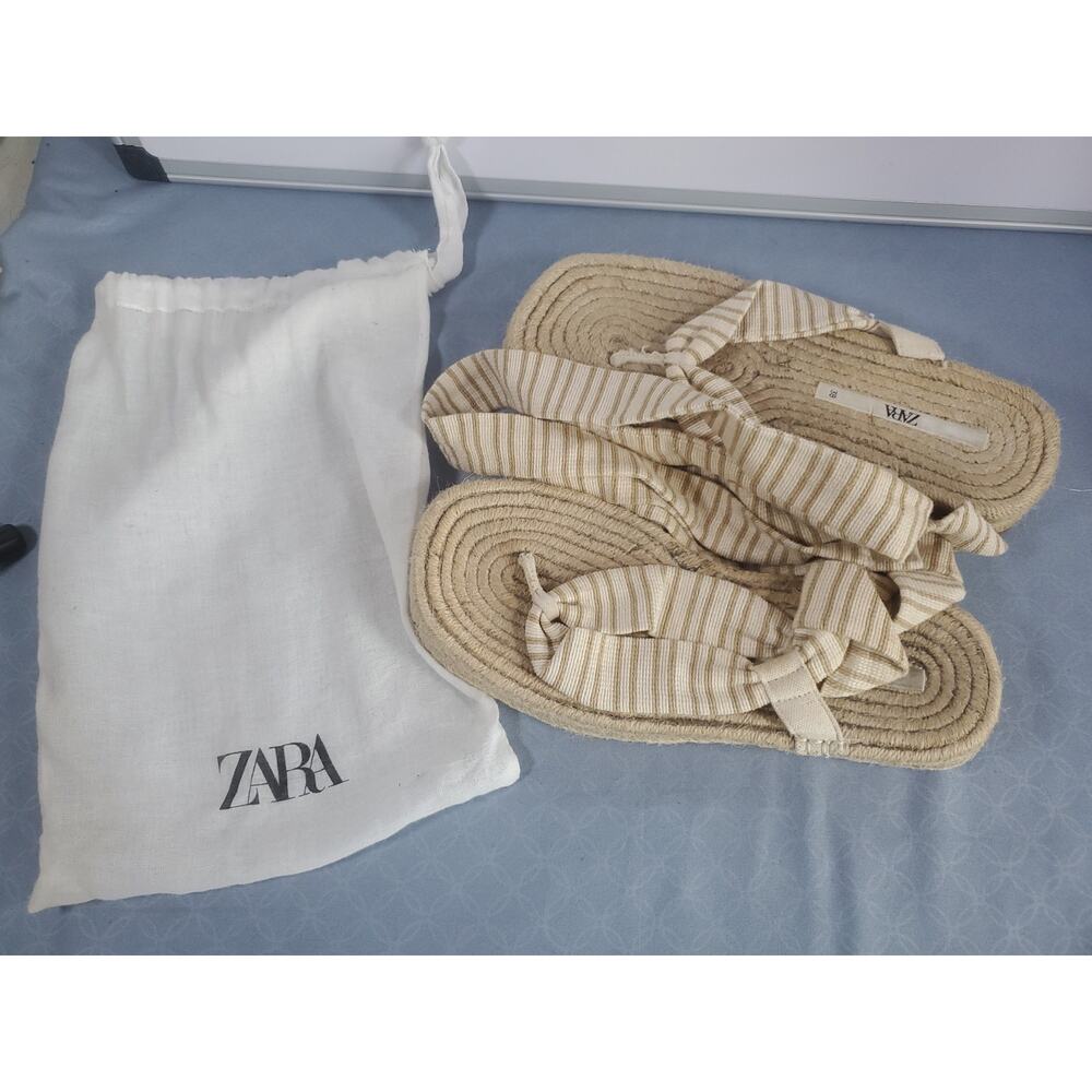ZARA Striped Espadrille Sandals Women Size 7.5 Lace Up Ankle Tie Flat Jute Boho - Picture 13 of 14